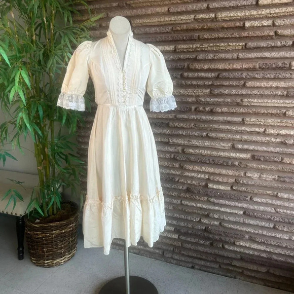Gunne Sax Vintage 70s Ivory Prairie Maxi Long Dress XXS to XS - Picture 6 of 8